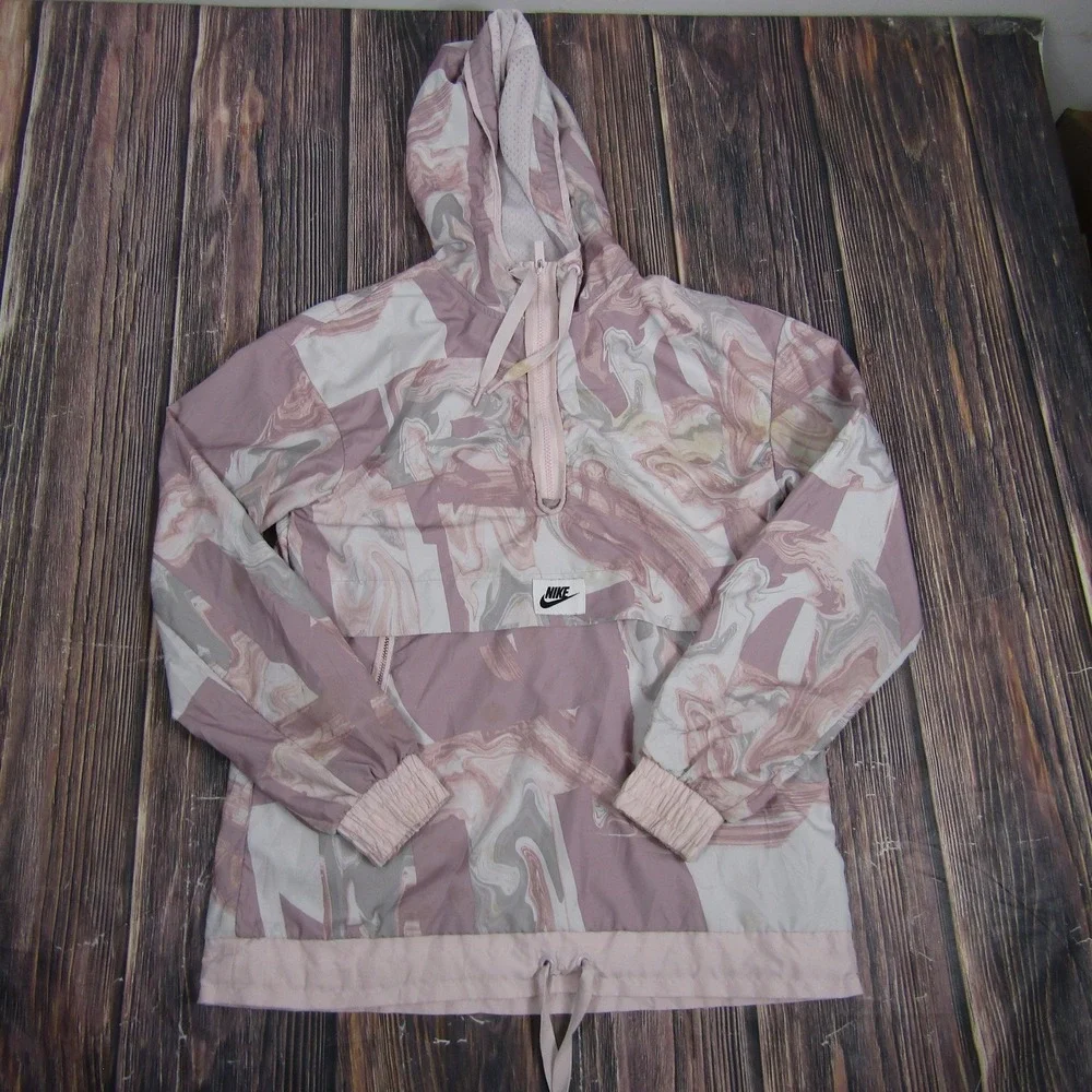 Nike Hooded Windbreaker Jacket Womens Small Pink Marble Anorak Pullover Half Zip